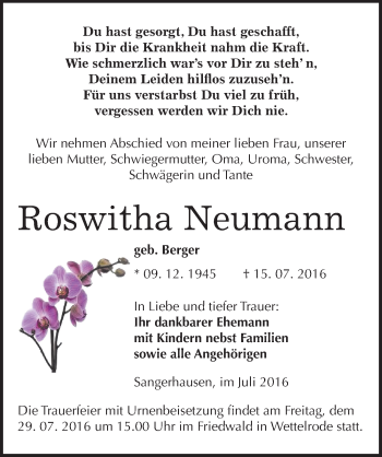 Traueranzeige von Roswitha Neumann von Mitteldeutsche Zeitung Sangerhausen