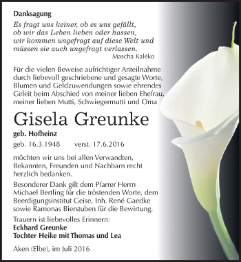Traueranzeige von Gisela Greunke von Mitteldeutsche Zeitung Köthen