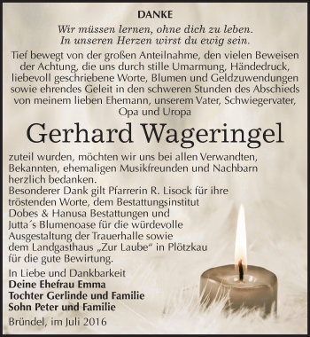 Traueranzeige von Gerhard Wageringel von Mitteldeutsche Zeitung Bernburg
