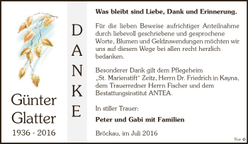Traueranzeige von Günter Glatter von Super Sonntag Zeitz