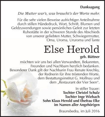 Traueranzeige von Else Herold von WVG - Wochenspiegel Merseburg