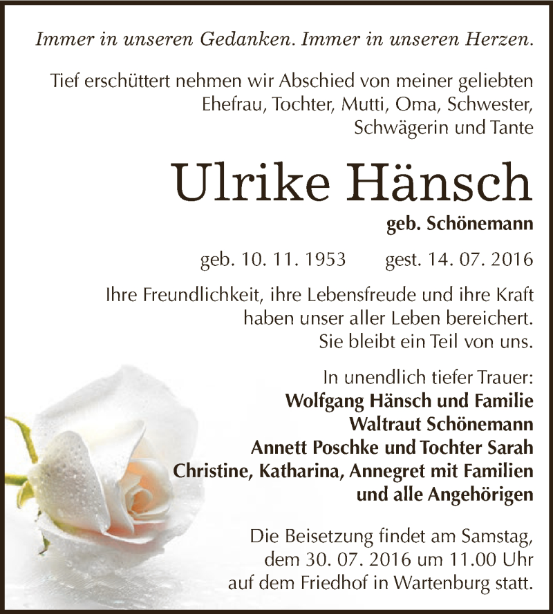  Traueranzeige für Ulrike Hänsch vom 23.07.2016 aus Super Sonntag Bernburg