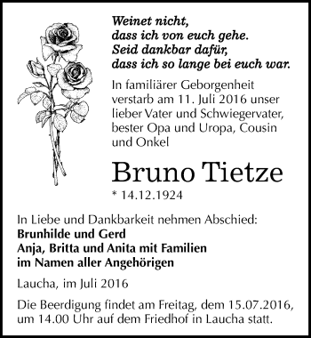 Traueranzeige von Bruno Tietze von Mitteldeutsche Zeitung Naumburg/Nebra