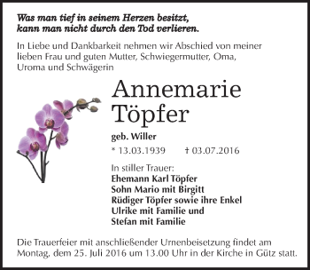 Traueranzeige von Annemarie Töpfer von Mitteldeutsche Zeitung Halle/Saalkreis