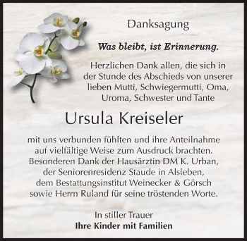 Traueranzeige von Ursula Kreiseler von Mitteldeutsche Zeitung Bernburg