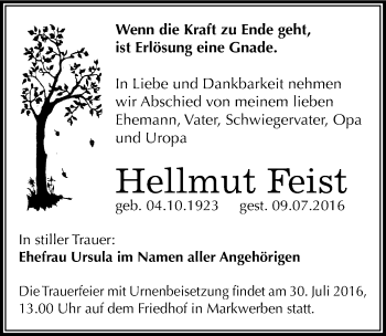 Traueranzeige von Hellmut Feist von Mitteldeutsche Zeitung Weißenfels