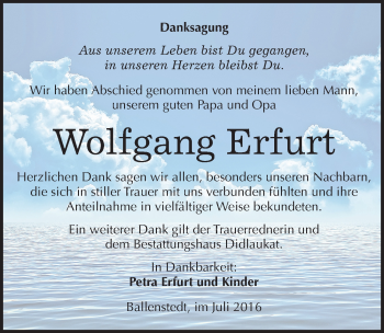 Traueranzeige von Wolfgang Erfurt von Mitteldeutsche Zeitung Quedlinburg
