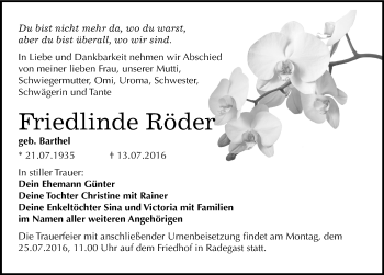 Traueranzeige von Friedlinde Röder von Mitteldeutsche Zeitung Köthen