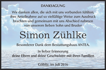Traueranzeige von Simon Zühlke von Super Sonntag Zeitz