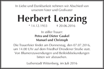 Traueranzeige von Herbert Lenzing von Super Sonntag Wittenberg