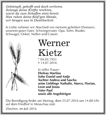 Traueranzeige von Werner Kietz von Mitteldeutsche Zeitung Merseburg/Querfurt