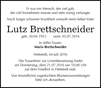 Traueranzeige von Lutz Brettschneider von Mitteldeutsche Zeitung Mansfelder Land