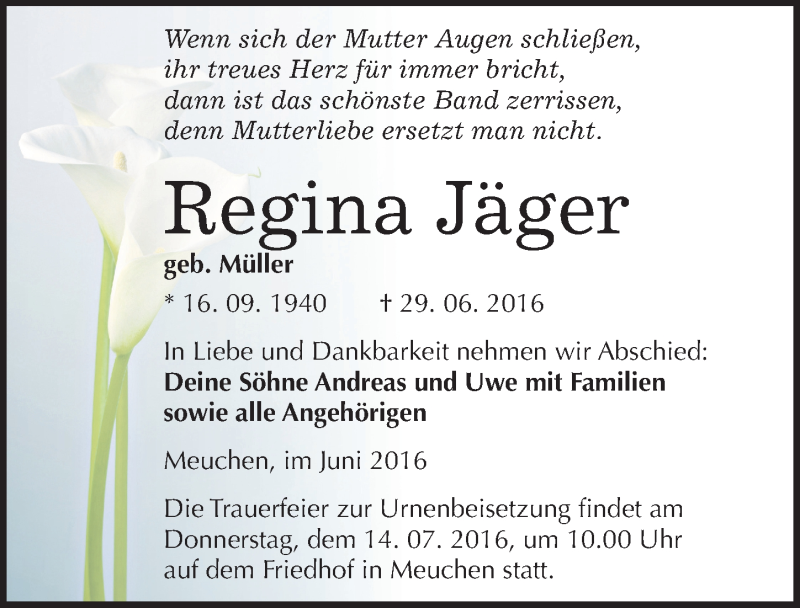  Traueranzeige für Regina Jäger vom 02.07.2016 aus Mitteldeutsche Zeitung Weißenfels