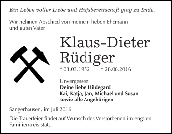 Traueranzeige von Klaus-Dieter Rüdiger von Super Sonntag SGH Mansf. Land