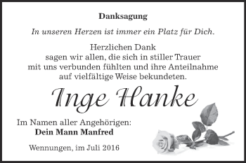 Traueranzeige von Inge Hanke von WVG - Wochenspiegel NMB / WSF / ZTZ