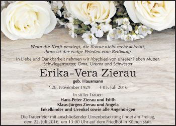 Traueranzeige von Erika-Vera Zierau von Mitteldeutsche Zeitung Köthen