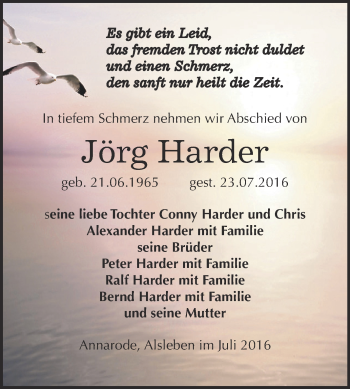 Traueranzeige von Jörg Harder von Super Sonntag Bernburg