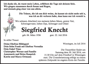 Traueranzeige von Siegfried Knecht von Mitteldeutsche Zeitung Aschersleben