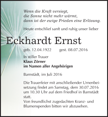 Traueranzeige von Eckhardt Ernst von Mitteldeutsche Zeitung Merseburg/Querfurt