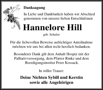 Traueranzeige von Hannelore Hill von Mitteldeutsche Zeitung Dessau-Roßlau