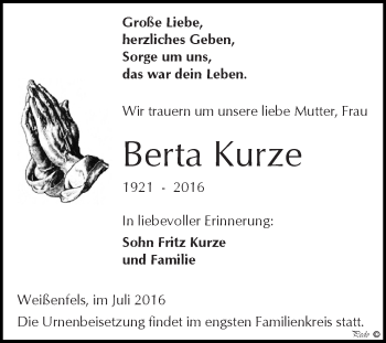 Traueranzeige von Berta Kurze von WVG - Wochenspiegel NMB / WSF / ZTZ