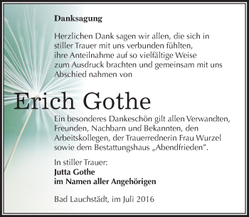 Traueranzeige von Erich Gothe von Mitteldeutsche Zeitung Merseburg/Querfurt