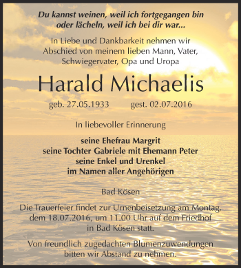 Traueranzeige von Harald Michaelis von WVG - Wochenspiegel NMB / WSF / ZTZ