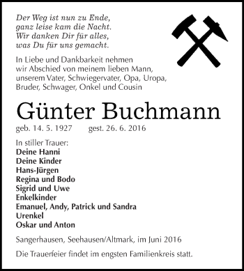 Traueranzeige von Günter Buchmann von Super Sonntag SGH Mansf. Land