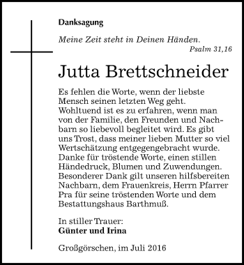 Traueranzeige von Jutta Brettschneider von Mitteldeutsche Zeitung Weißenfels