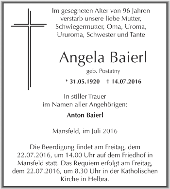 Traueranzeige von Angela Baierl von Wochenspiegel Mansfelder Land