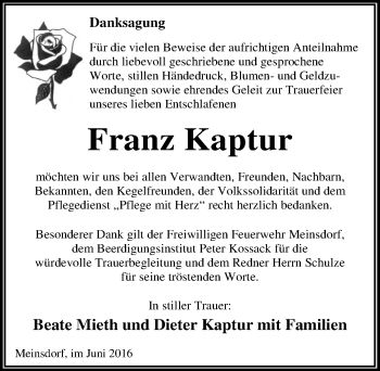 Traueranzeige von Franz Kaptur von Mitteldeutsche Zeitung Dessau-Roßlau