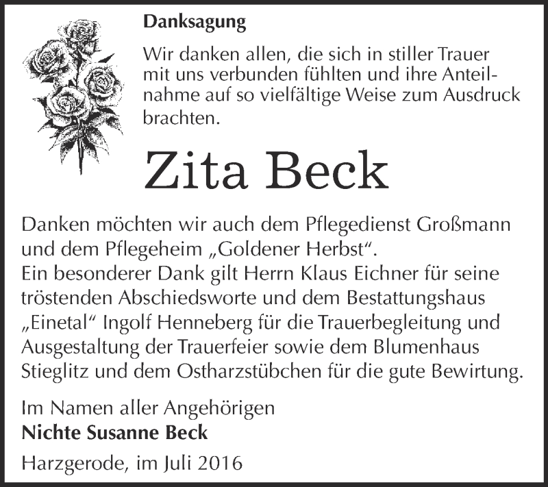 Traueranzeige für Zita Beck vom 09.07.2016 aus WVG - Wochenspiegel Quedlinburg