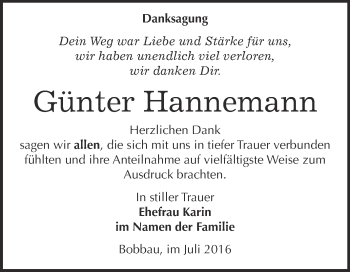 Traueranzeige von Günter Hannemann von WVG - Wochenspiegel Bitterfeld