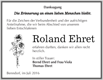 Traueranzeige von Roland Ehret von Wochenspiegel Mansfelder Land