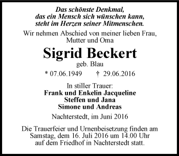 Traueranzeige von Sigrid Beckert von Mitteldeutsche Zeitung Aschersleben