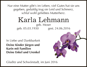 Traueranzeige von Karla Lehmann von Super Sonntag Zeitz