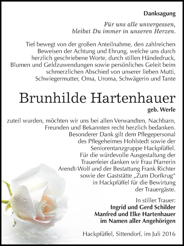  Traueranzeige für Brunhilde Hartenhauer vom 13.07.2016 aus WVG - Wochenspiegel SGH