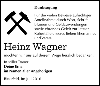 Traueranzeige von Heinz Wagner von Mitteldeutsche Zeitung Bitterfeld