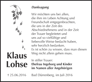 Traueranzeige von Klaus Lohse von Super Sonntag Merseburg