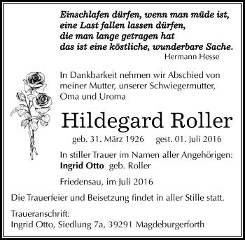 Traueranzeige von Hildegard Roller von Mitteldeutsche Zeitung Mansfelder Land