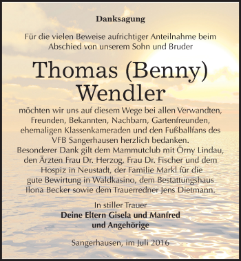 Traueranzeige von Thomas Wendler von Mitteldeutsche Zeitung Sangerhausen