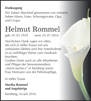 Traueranzeige von Helmut Rommel von Super Sonntag Wittenberg