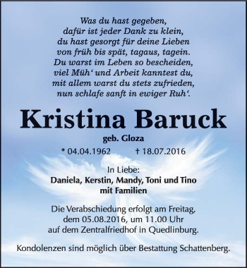 Traueranzeige von Kristina Baruck von Mitteldeutsche Zeitung Quedlinburg