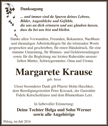 Traueranzeige von Margarete Krause von WVG - Wochenspiegel Dessau / Köthen