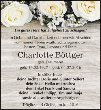 Traueranzeige von Charlotte Böttger von Mitteldeutsche Zeitung Zeitz