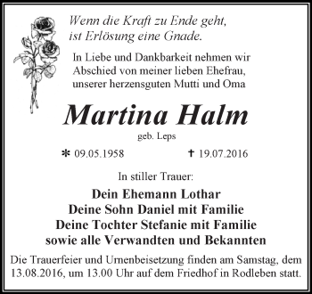 Traueranzeige von Martina Halm von WVG - Wochenspiegel Dessau / Köthen