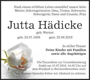 Traueranzeige von Jutta Hädicke von WVG - Wochenspiegel NMB / WSF / ZTZ