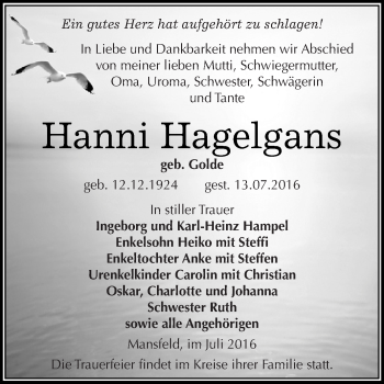Traueranzeige von Hanni Hagelgans von Super Sonntag SGH Mansf. Land