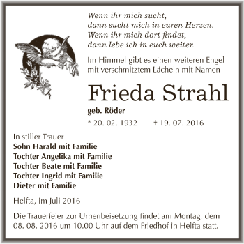 Traueranzeige von Frieda Strahl von Super Sonntag SGH Mansf. Land