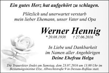 Traueranzeige von Werner Hennig von WVG - Wochenspiegel Dessau / Köthen